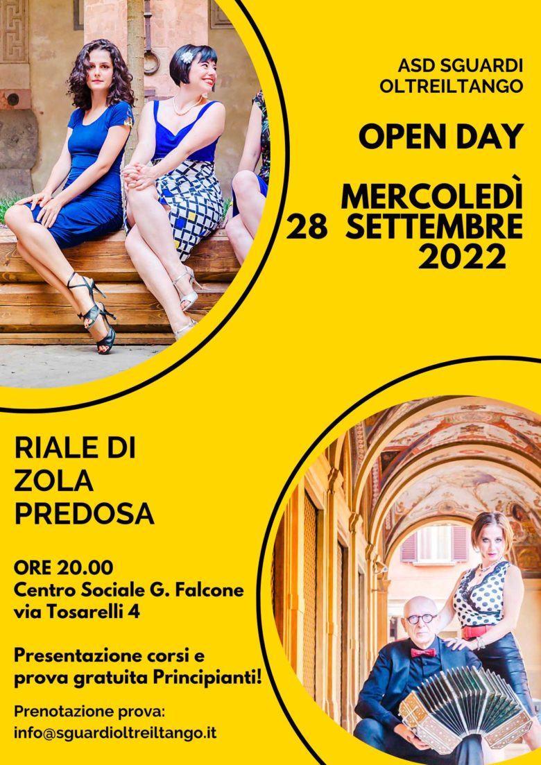 MERCOLEDI' 28 SETTEMBRE 2022 OPEN DAY a RIALE di ZOLA PREDOSA Centro Sociale G. Falcone via Tosarelli 4